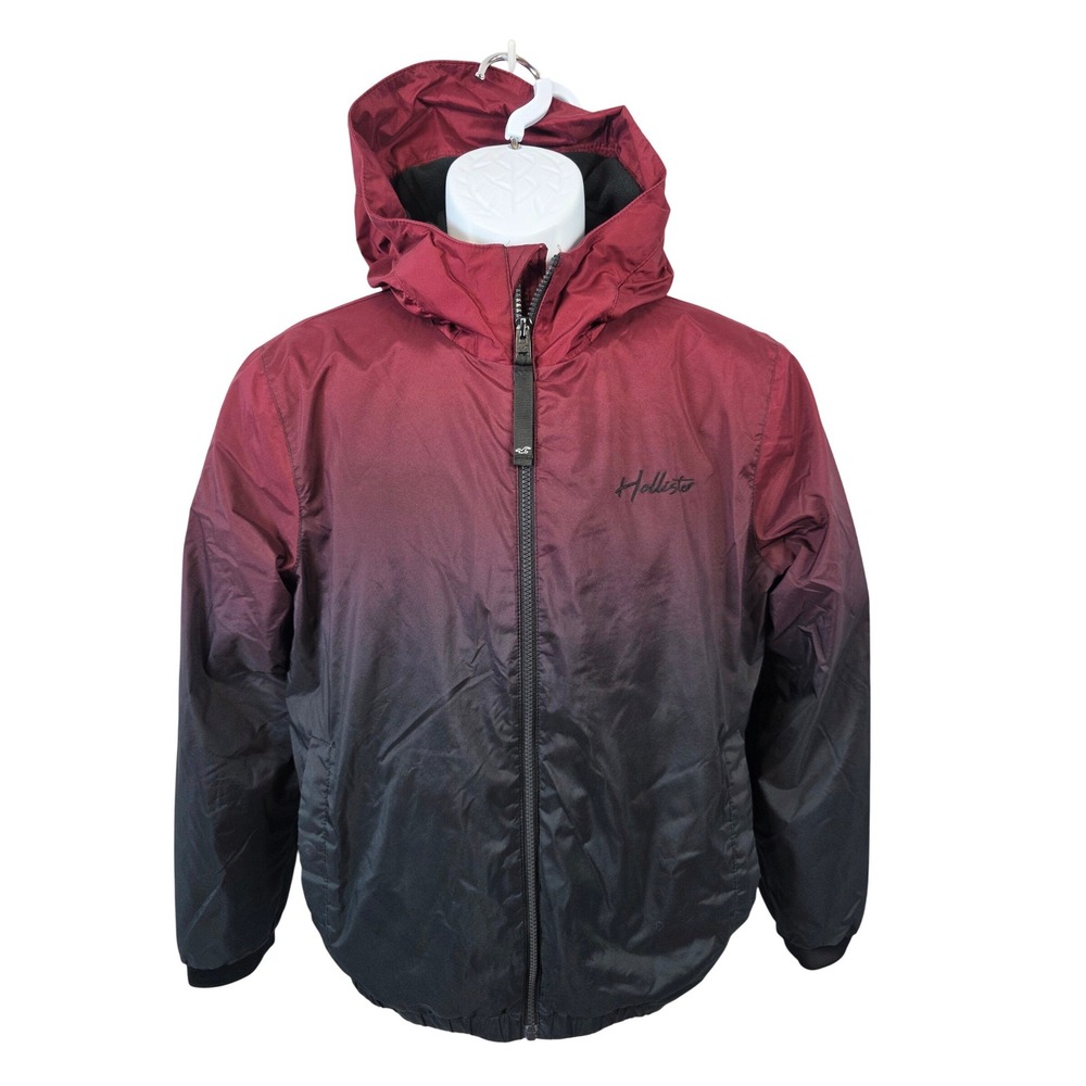 Hollister Mens Ombre Windbreaker Jacket Burgundy Black Fleece Lined X-Small XS - Picture 1 of 9